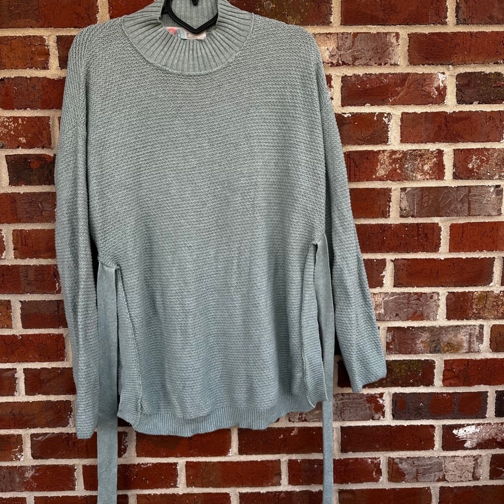 Free People FP Beach Blue Waffle Knit Sweater XS Oversized Tie Waist‎ Cozy - Picture 2 of 8